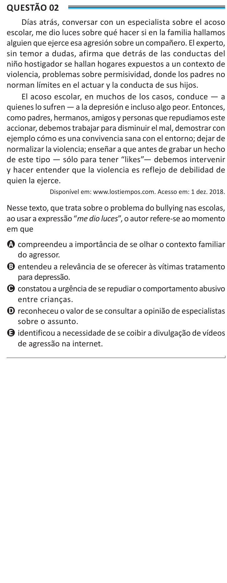 Questão 2 do ENEM 2025, aplicação de Belém, como saiu no caderno de prova