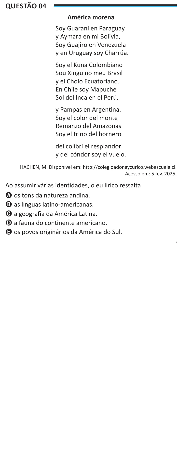 Questão 4 do ENEM 2025, aplicação de Belém, como saiu no caderno de prova