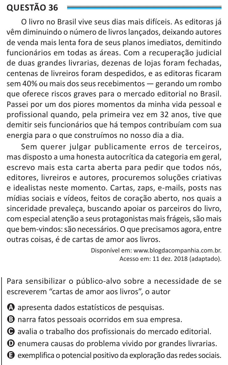 Questão 36 do ENEM 2025, aplicação de Belém, como saiu no caderno de prova