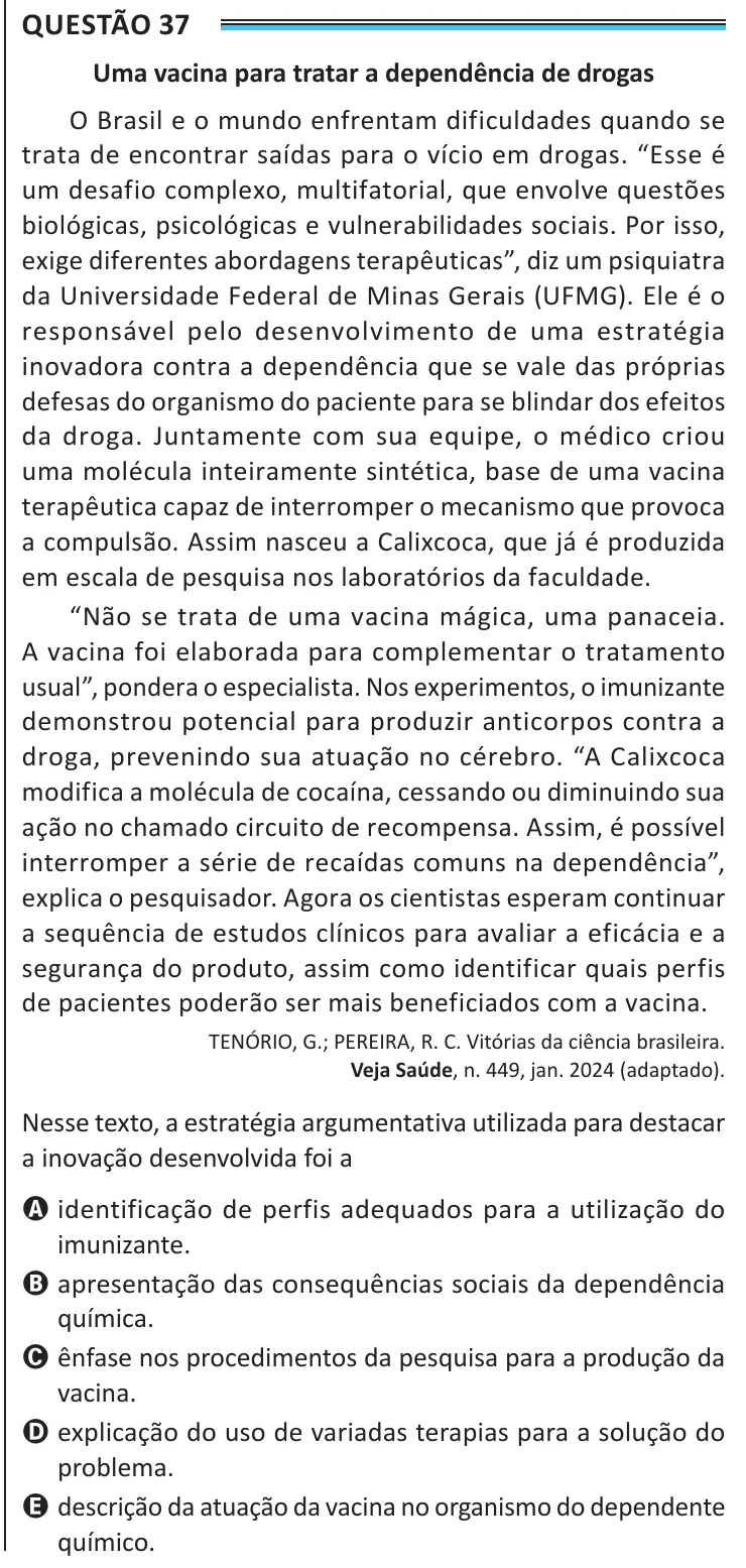 Questão 37 do ENEM 2025, aplicação de Belém, como saiu no caderno de prova