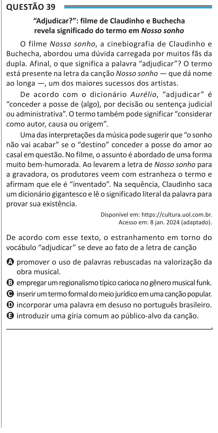 Questão 39 do ENEM 2025, aplicação de Belém, como saiu no caderno de prova