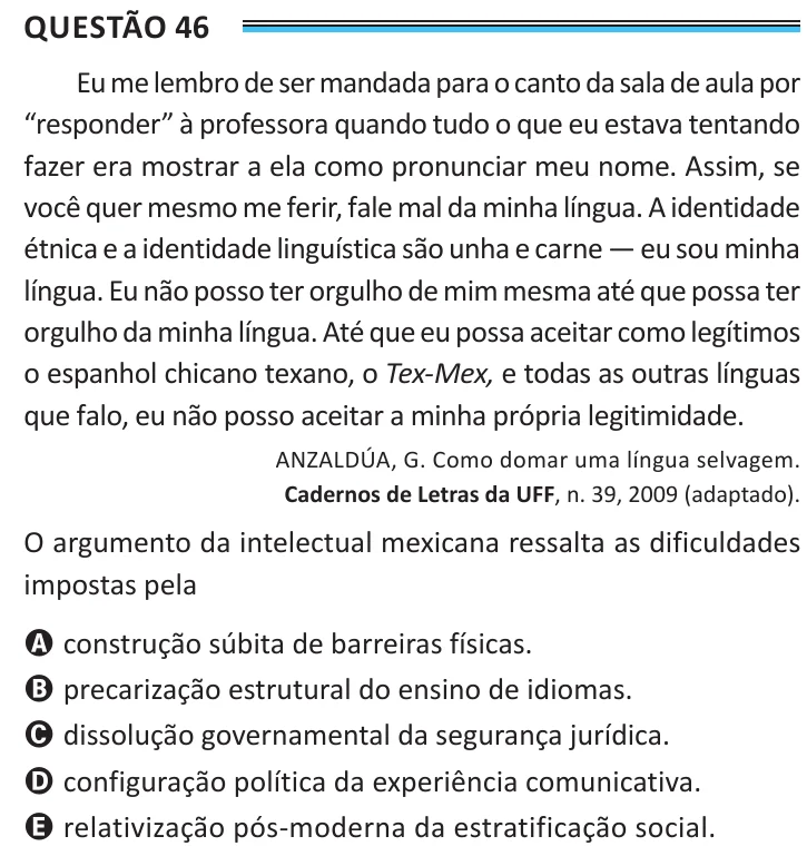 Questão 46 do ENEM 2025, aplicação de Belém, como saiu no caderno de prova