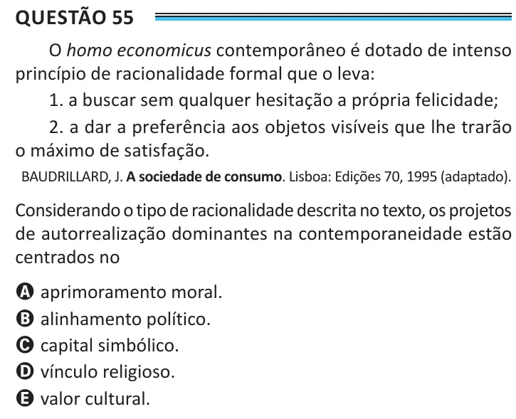 Questão 55 do ENEM 2025, aplicação de Belém, como saiu no caderno de prova
