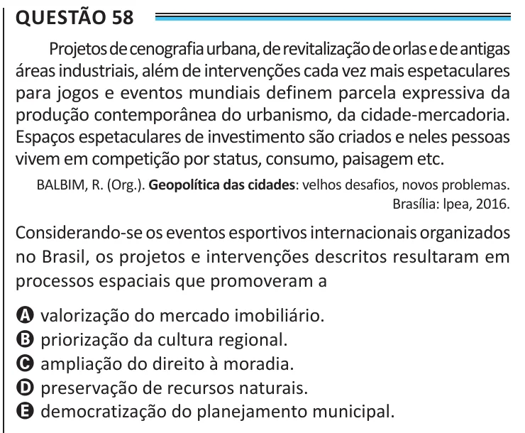 Questão 58 do ENEM 2025, aplicação de Belém, como saiu no caderno de prova