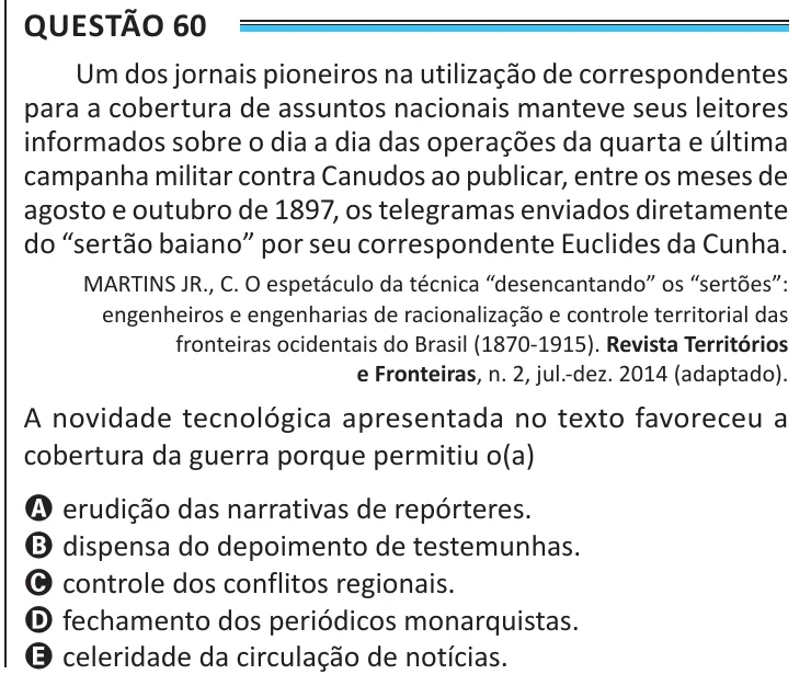 Questão 60 do ENEM 2025, aplicação de Belém, como saiu no caderno de prova