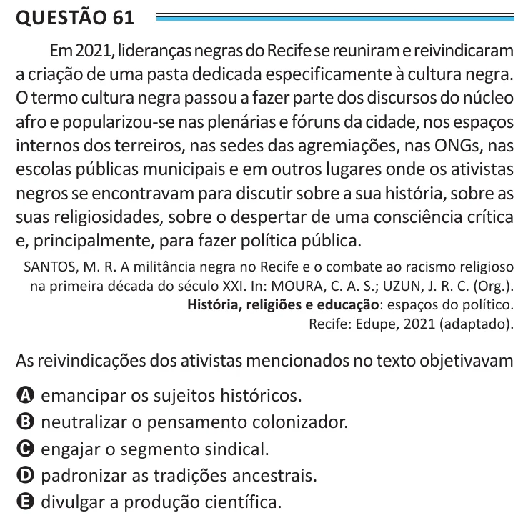 Questão 61 do ENEM 2025, aplicação de Belém, como saiu no caderno de prova