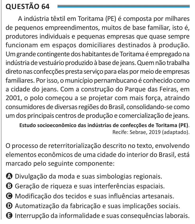 Questão 64 do ENEM 2025, aplicação de Belém, como saiu no caderno de prova