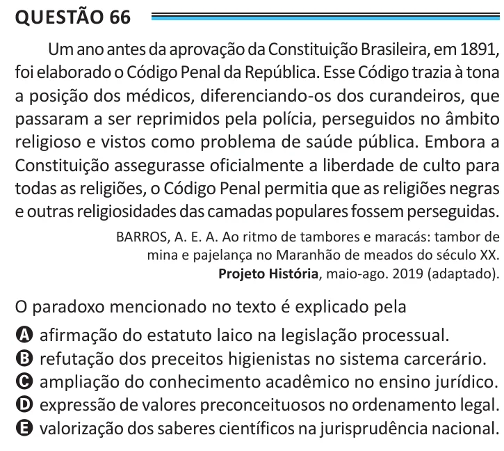 Questão 66 do ENEM 2025, aplicação de Belém, como saiu no caderno de prova