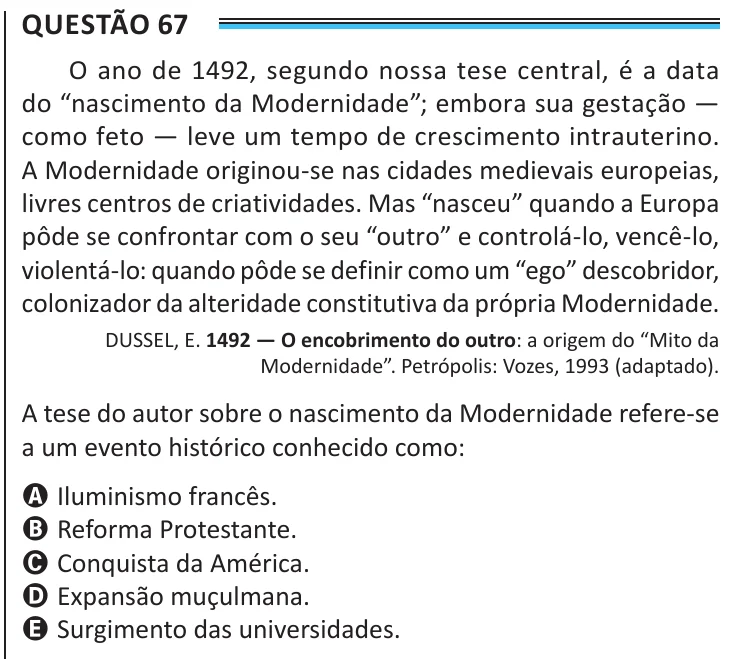 Questão 67 do ENEM 2025, aplicação de Belém, como saiu no caderno de prova