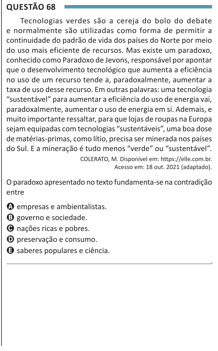 Questão 68 do ENEM 2025, aplicação de Belém, como saiu no caderno de prova