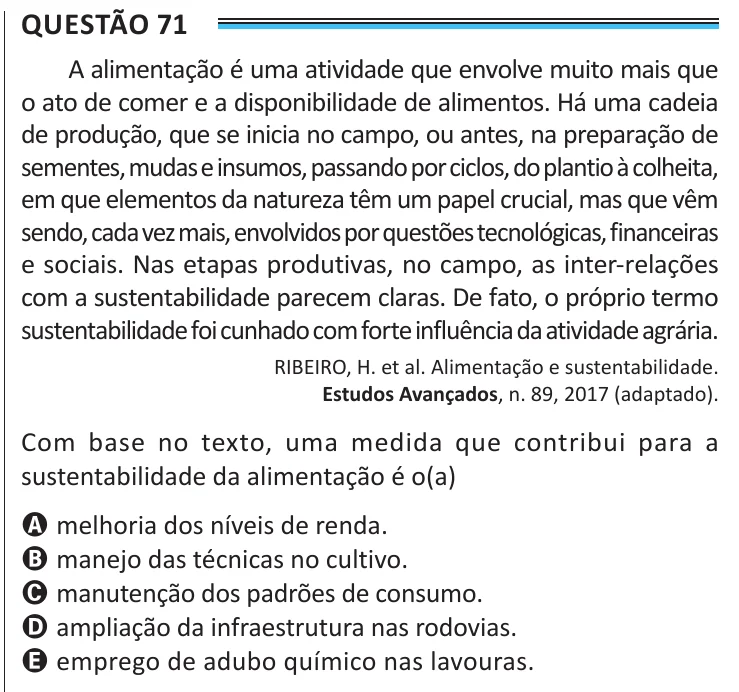 Questão 71 do ENEM 2025, aplicação de Belém, como saiu no caderno de prova