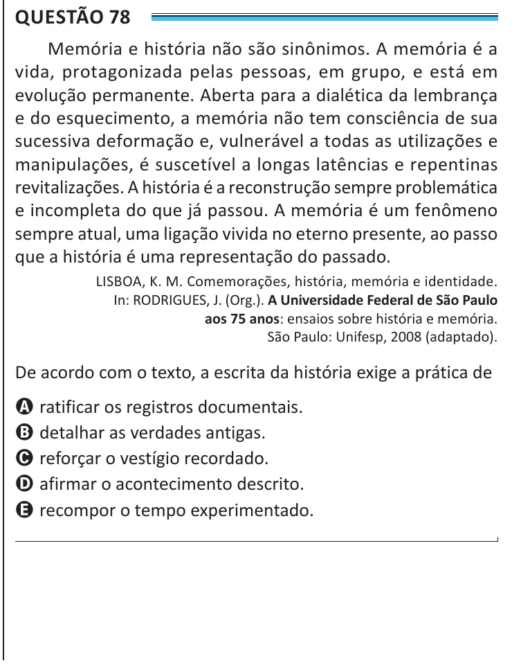 Questão 78 do ENEM 2025, aplicação de Belém, como saiu no caderno de prova