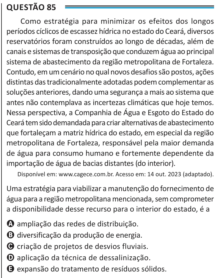 Questão 85 do ENEM 2025, aplicação de Belém, como saiu no caderno de prova
