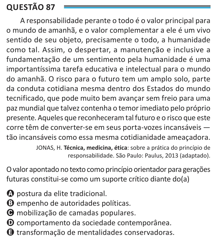 Questão 87 do ENEM 2025, aplicação de Belém, como saiu no caderno de prova