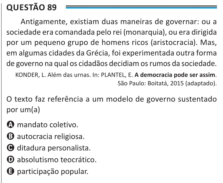 Questão 89 do ENEM 2025, aplicação de Belém, como saiu no caderno de prova