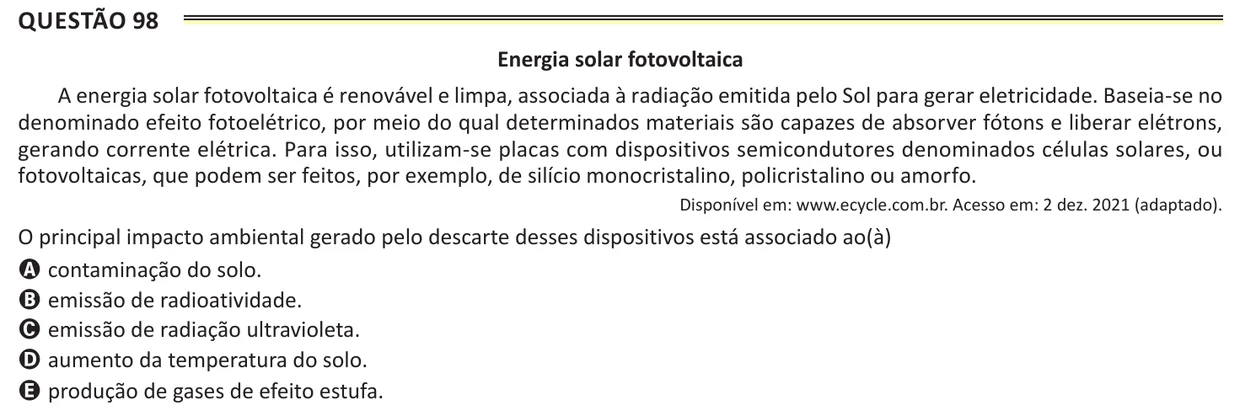 Questão 98 do ENEM 2025, aplicação de Belém, como saiu no caderno de prova