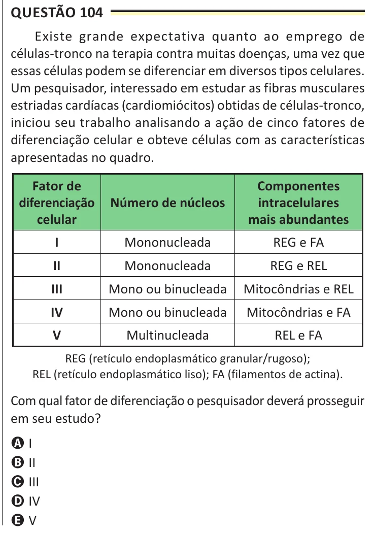 Questão 104 do ENEM 2025, aplicação de Belém, como saiu no caderno de prova