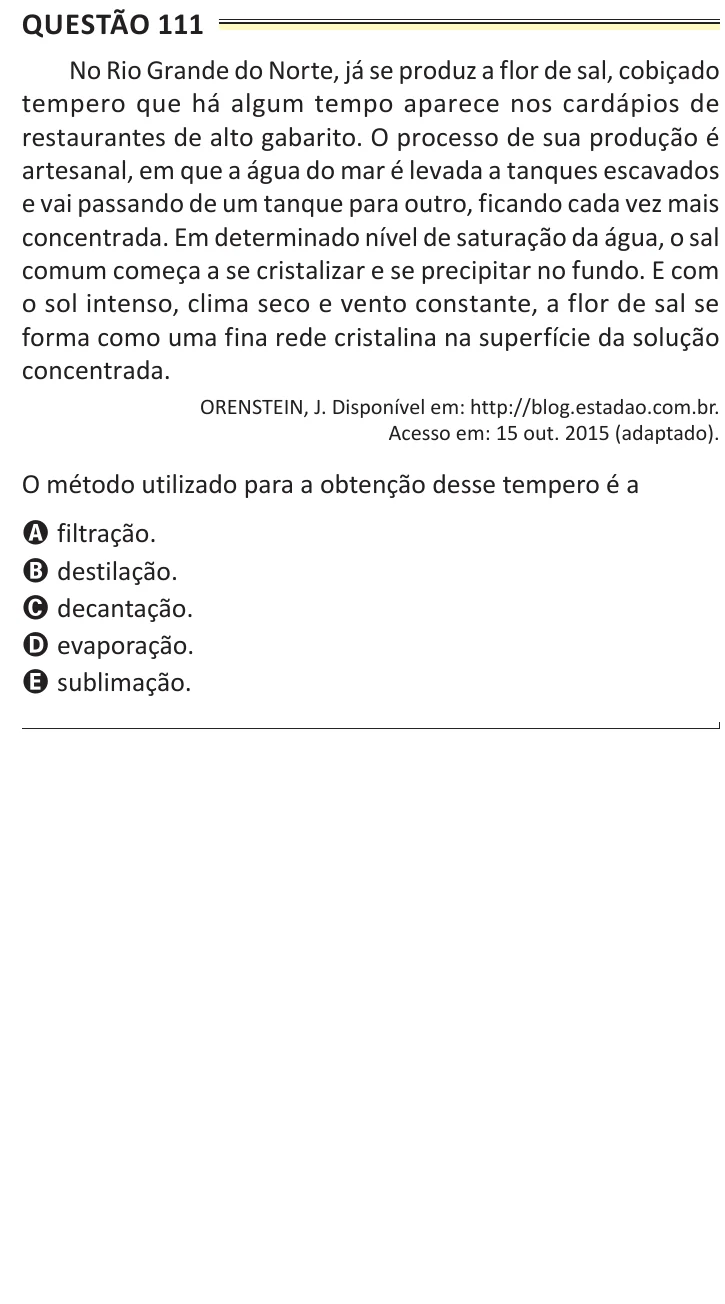 Questão 111 do ENEM 2025, aplicação de Belém, como saiu no caderno de prova