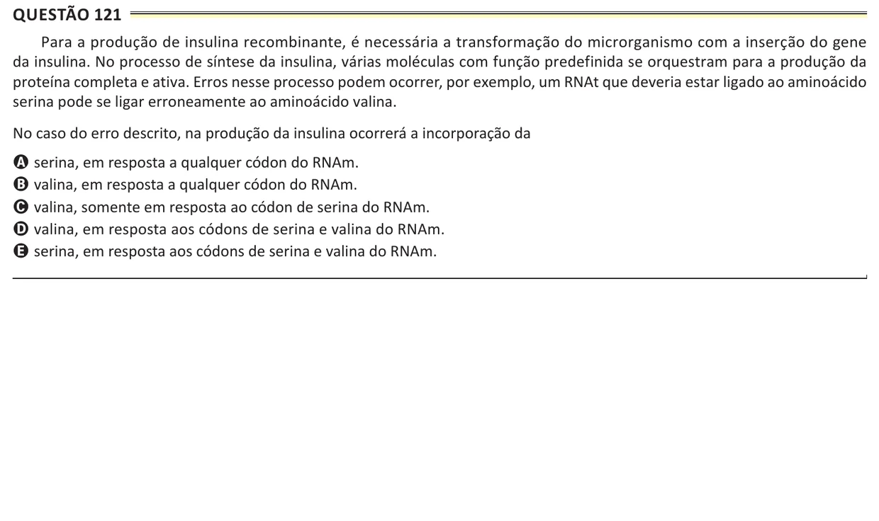Questão 121 do ENEM 2025, aplicação de Belém, como saiu no caderno de prova