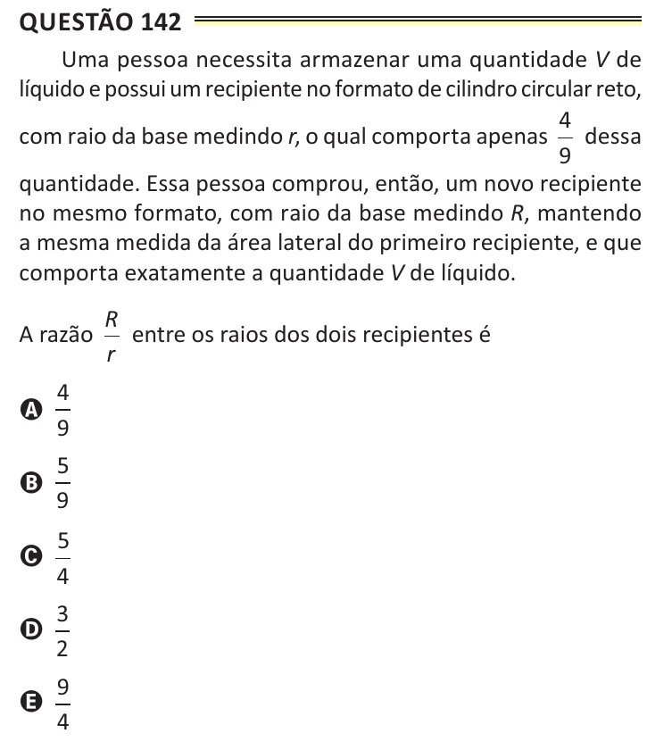Questão 142 do ENEM 2025, aplicação de Belém, como saiu no caderno de prova