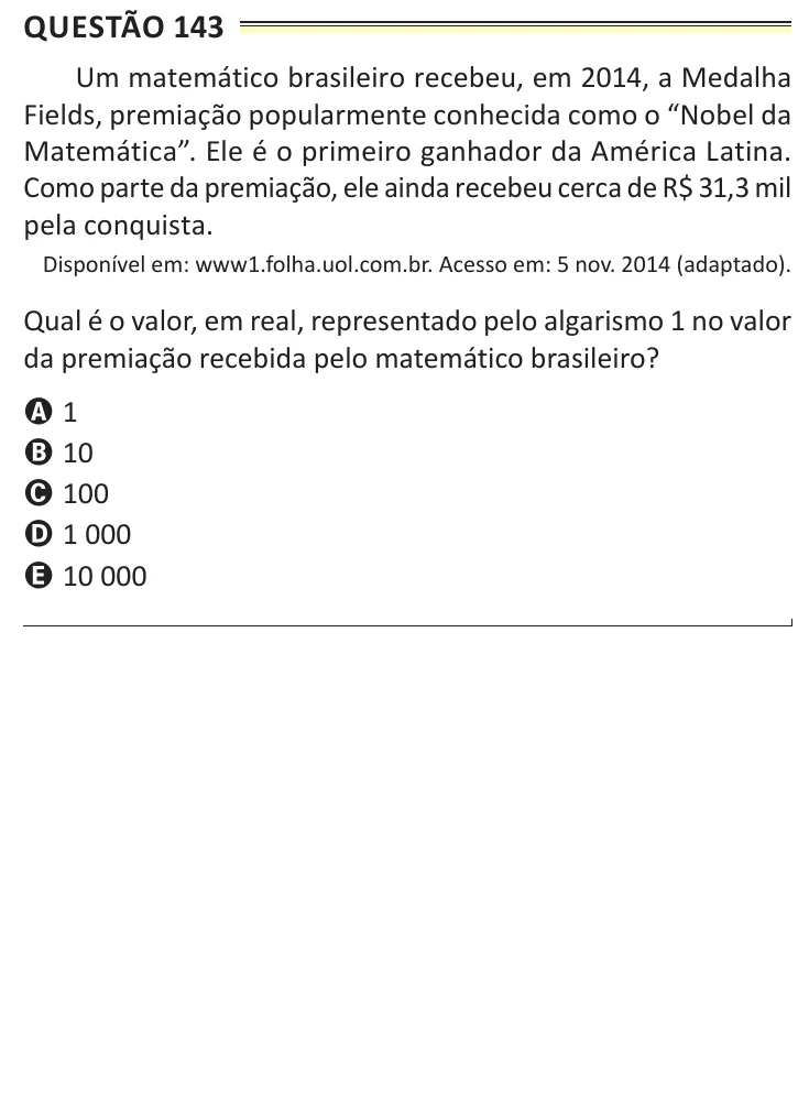 Questão 143 do ENEM 2025, aplicação de Belém, como saiu no caderno de prova