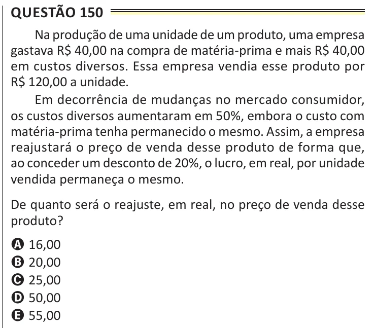 Questão 150 do ENEM 2025, aplicação de Belém, como saiu no caderno de prova