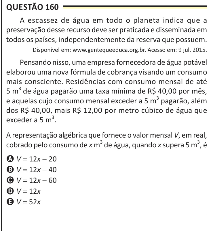 Questão 160 do ENEM 2025, aplicação de Belém, como saiu no caderno de prova