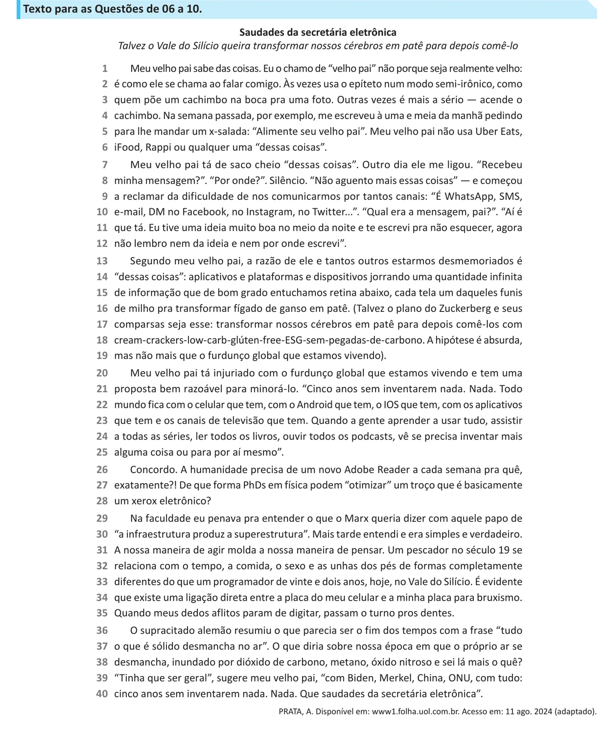 Texto de apoio das questões 6 a 10 do ENEM 2025